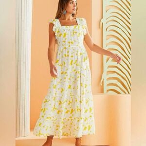 Marie Oliver Silk Maxi Dress XS Yellow White Ruffle Tiered Seersucker Print